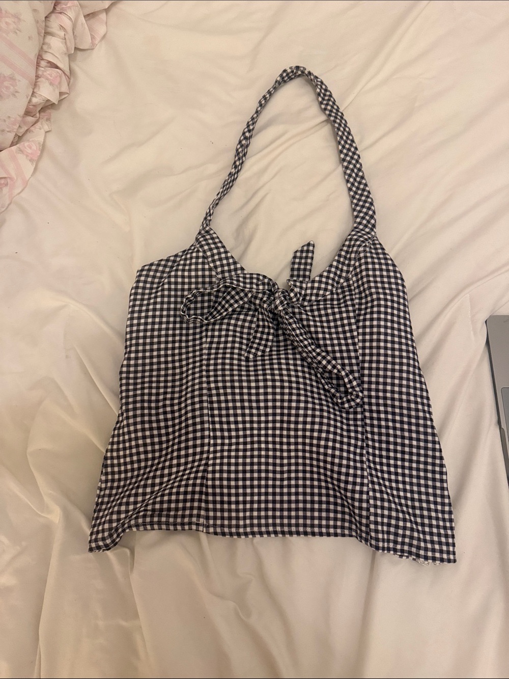 Gingham Tie-Front Halter Top in Black & White